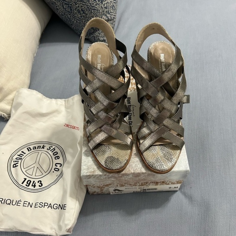 Right Bank Shoe Co Strappy Gun Metal Sandal Shoes Size 9.5